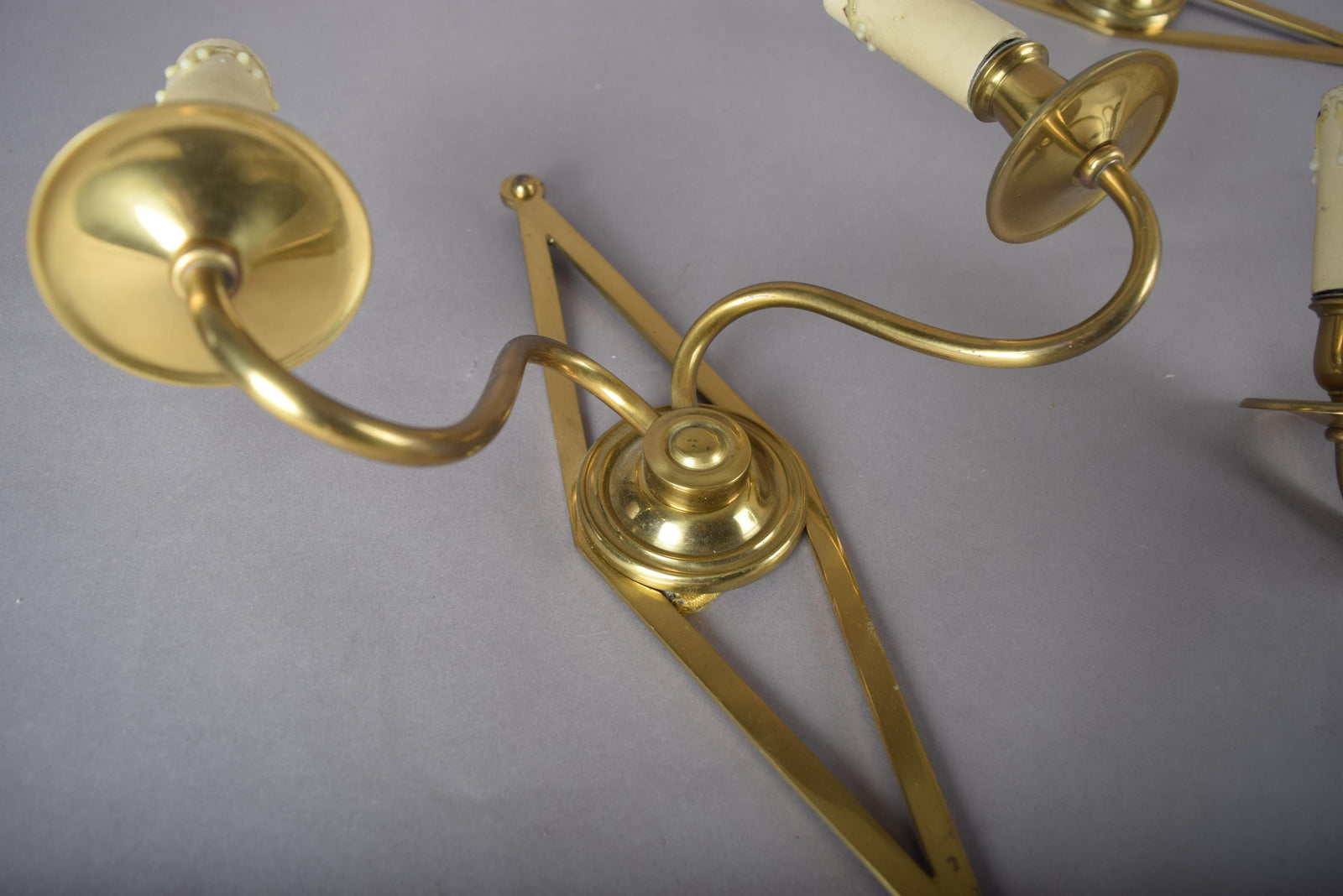 Set of Three Brass Wall Sconces, Geometric Diamond Backplate, French Style, 1960s