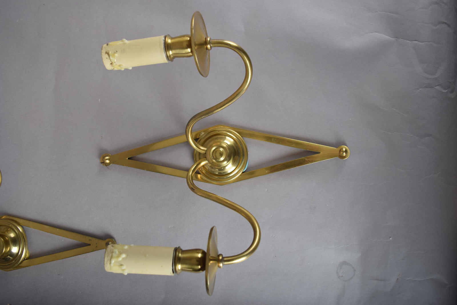 Set of Three Brass Wall Sconces, Geometric Diamond Backplate, French Style, 1960s