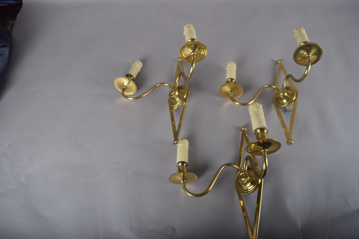 Set of Three Brass Wall Sconces, Geometric Diamond Backplate, French Style, 1960s