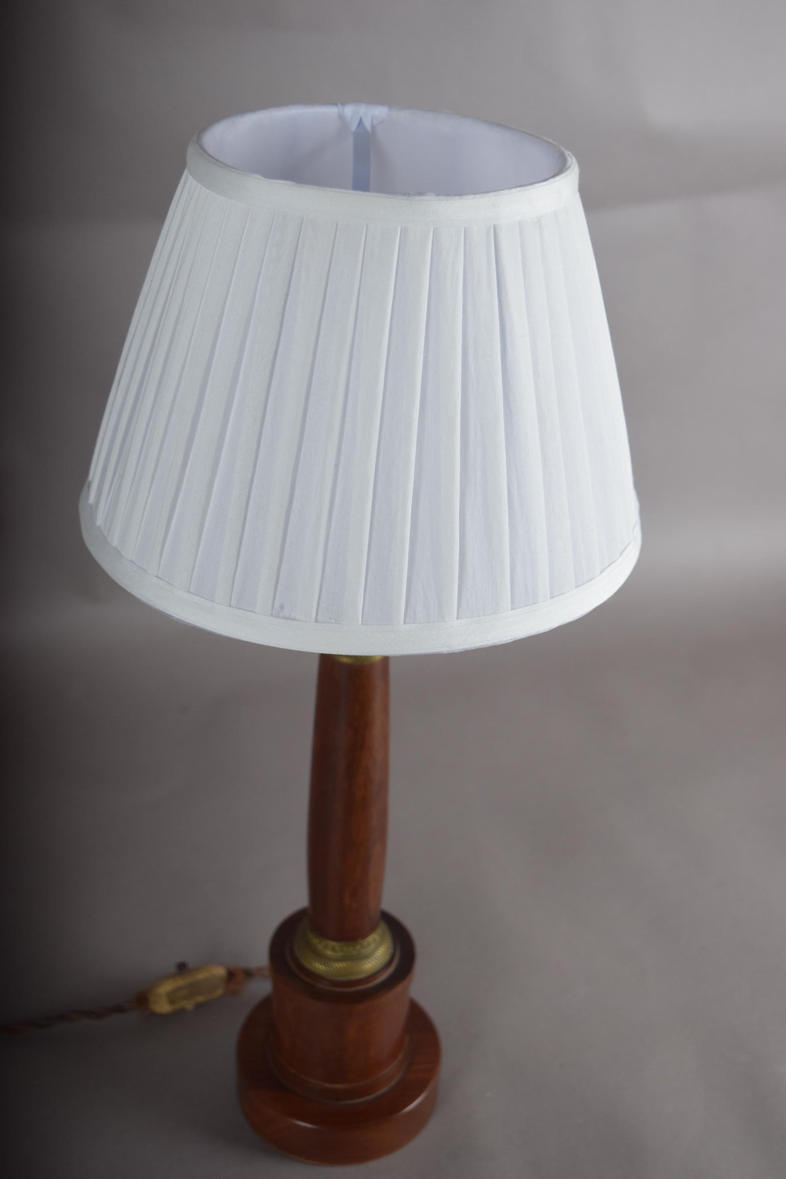 Vintage Turned Wood Column Table Lamp, Brass Collar Accents, Neoclassical Style, 1950s