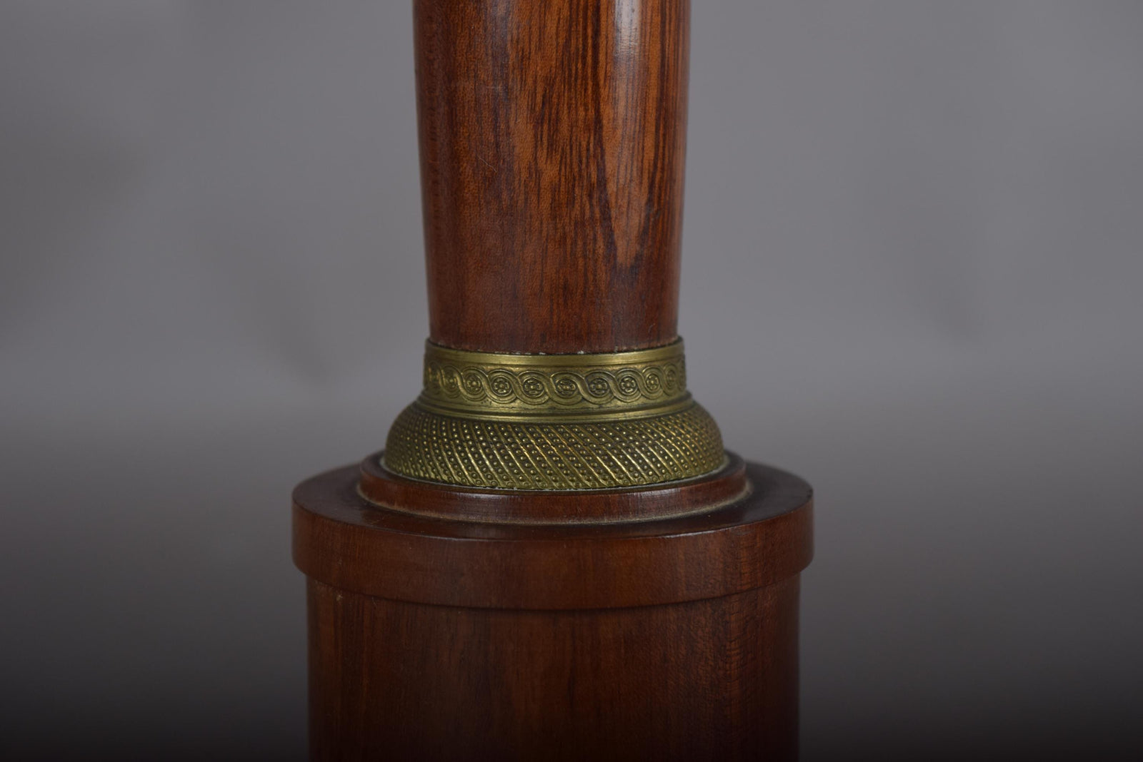 Vintage Turned Wood Column Table Lamp, Brass Collar Accents, Neoclassical Style, 1950s