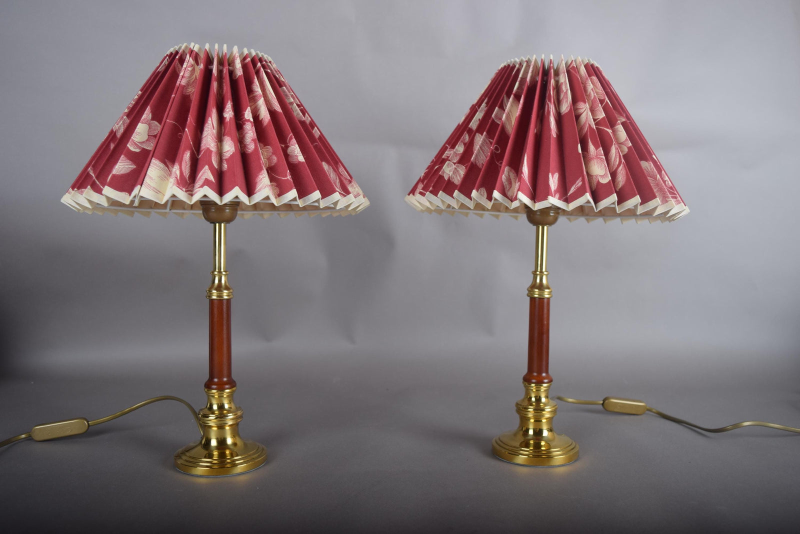 Pair of Brass and Wood Table Lamps with Pleated Floral Shades, 1970s