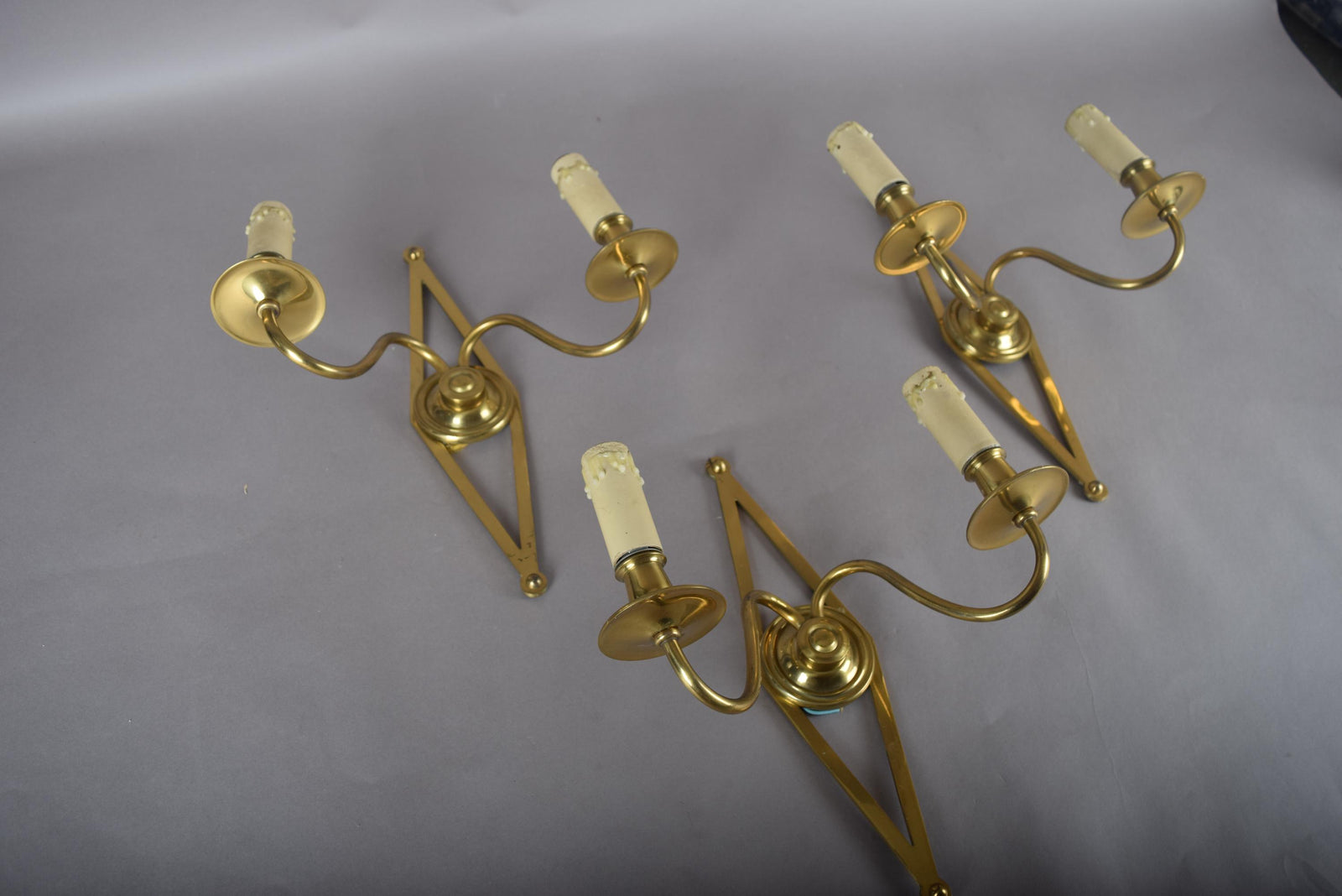 Set of Three Brass Wall Sconces, Geometric Diamond Backplate, French Style, 1960s