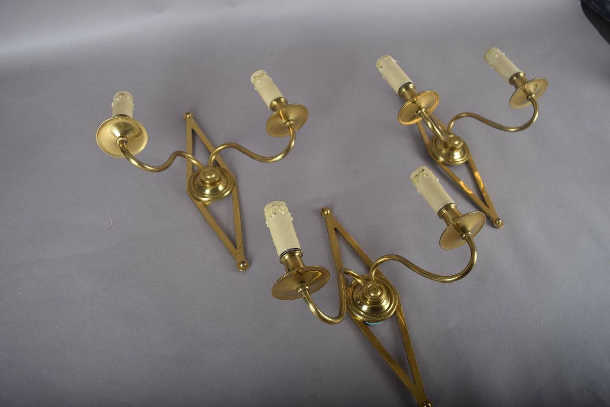 Set of Three Brass Wall Sconces, Geometric Diamond Backplate, French Style, 1960s