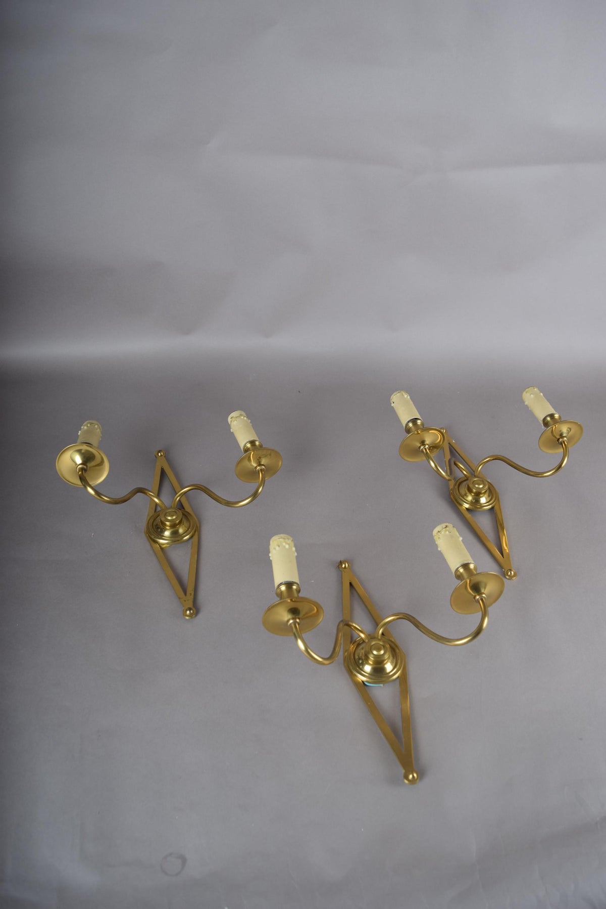 Set of Three Brass Wall Sconces, Geometric Diamond Backplate, French Style, 1960s