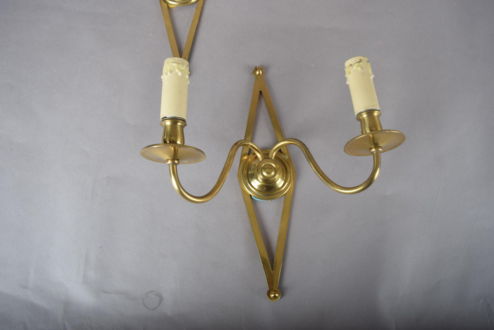 Set of Three Brass Wall Sconces, Geometric Diamond Backplate, French Style, 1960s