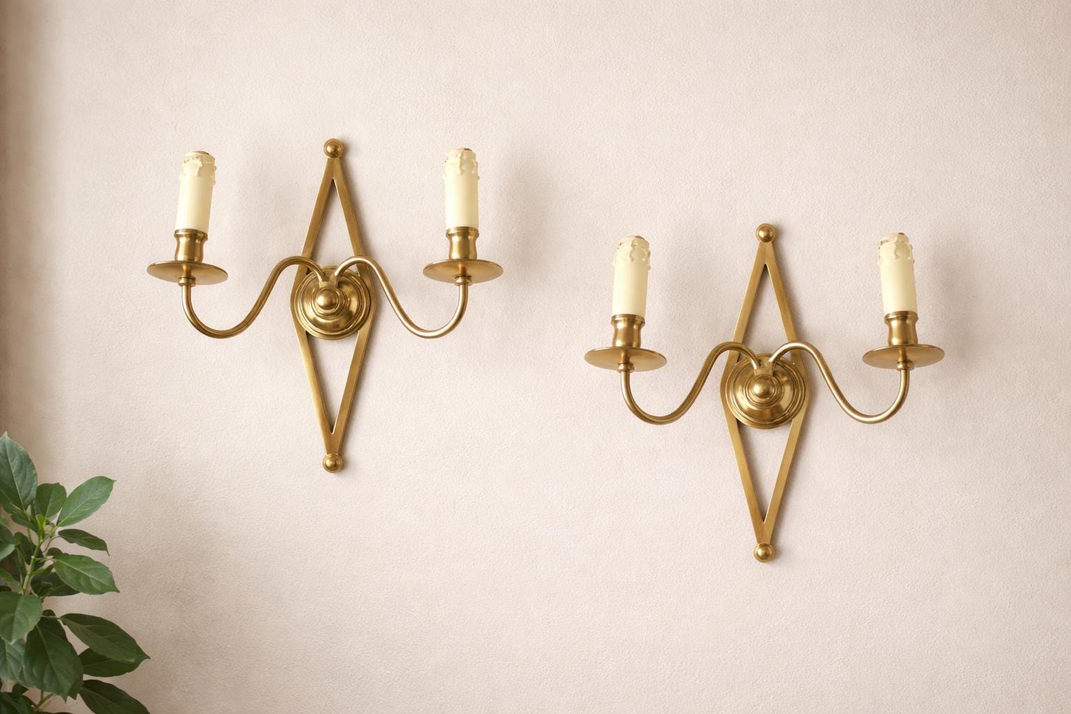 Set of Three Brass Wall Sconces, Geometric Diamond Backplate, French Style, 1960s