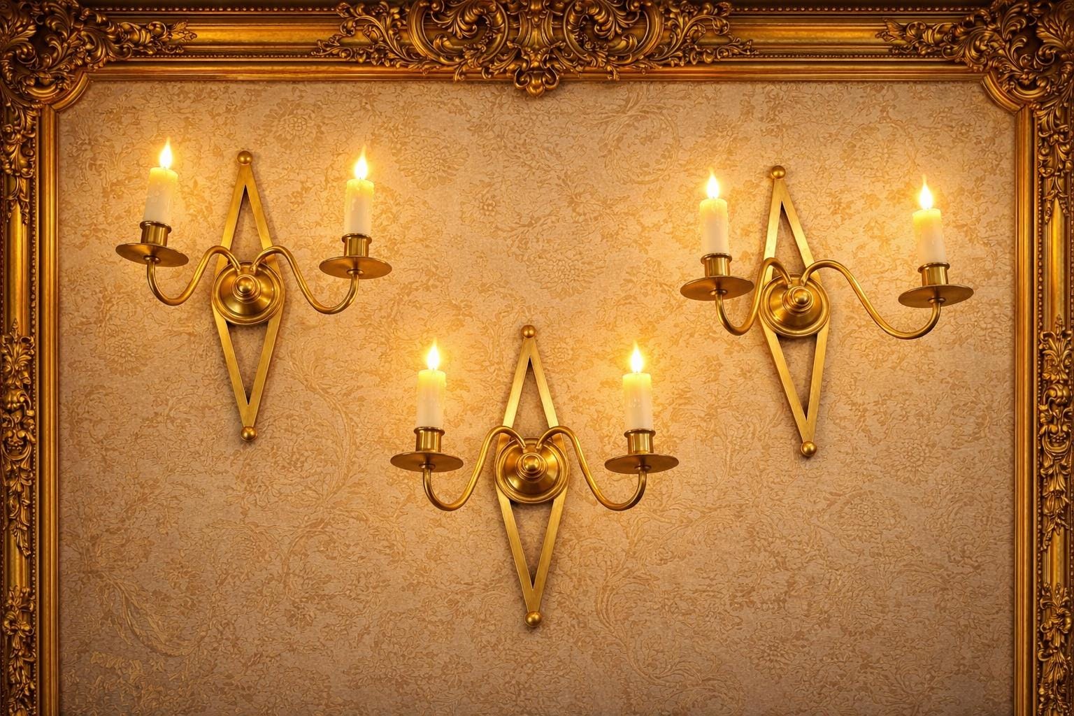 Set of Three Brass Wall Sconces, Geometric Diamond Backplate, French Style, 1960s