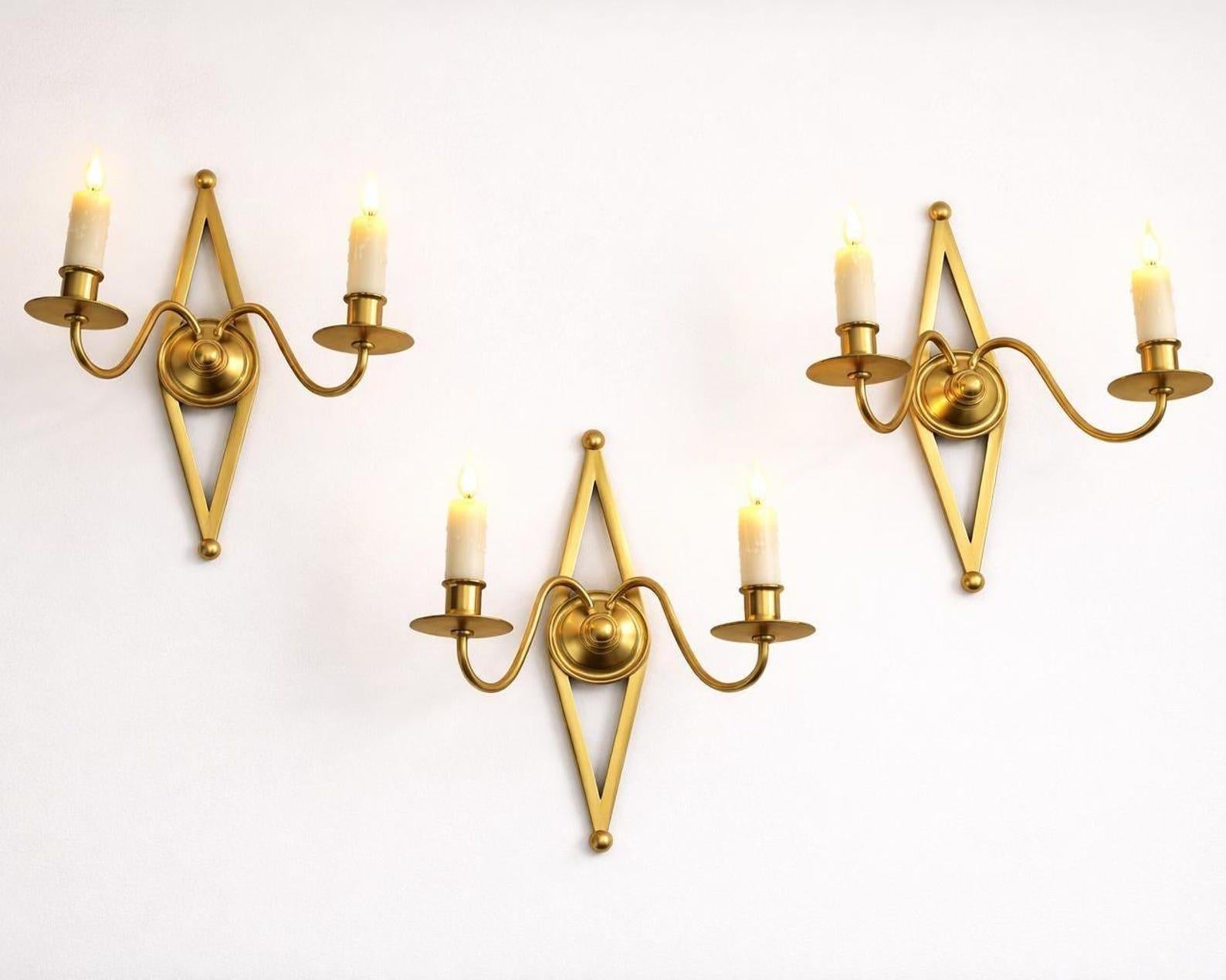 Set of Three Brass Wall Sconces, Geometric Diamond Backplate, French Style, 1960s