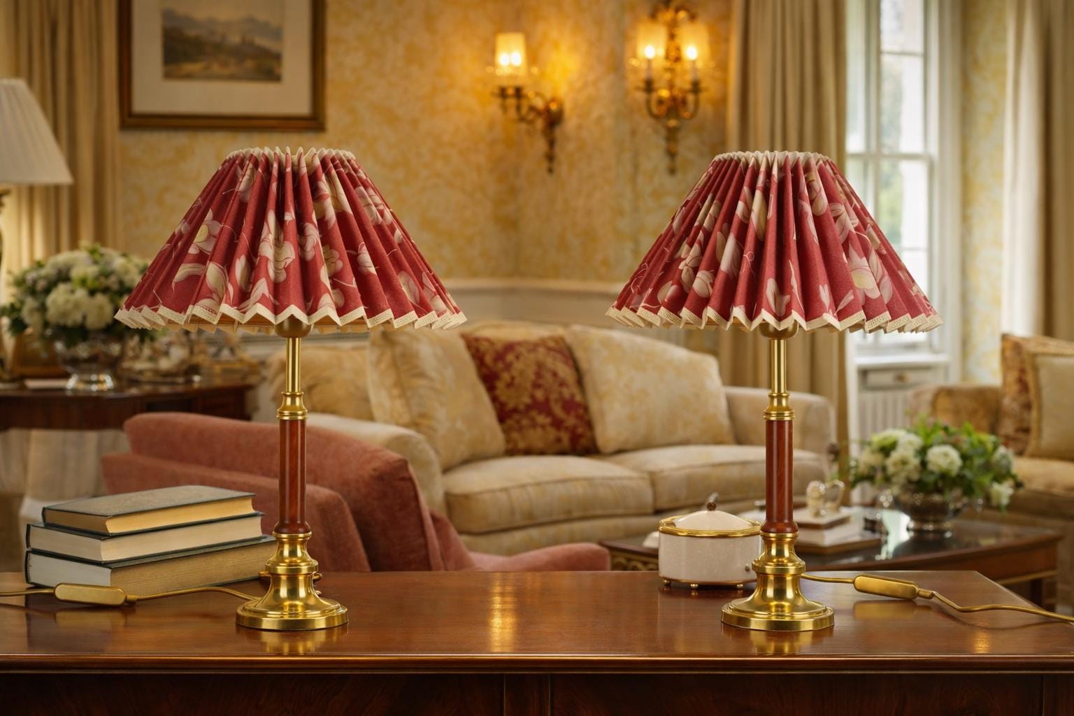Pair of Brass and Wood Table Lamps with Pleated Floral Shades, 1970s