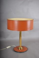 Leather Drum Lamp with Brass Accents, Mid-Century Modern Table Lamp, 1950s