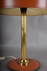 Leather Drum Lamp with Brass Accents, Mid-Century Modern Table Lamp, 1950s