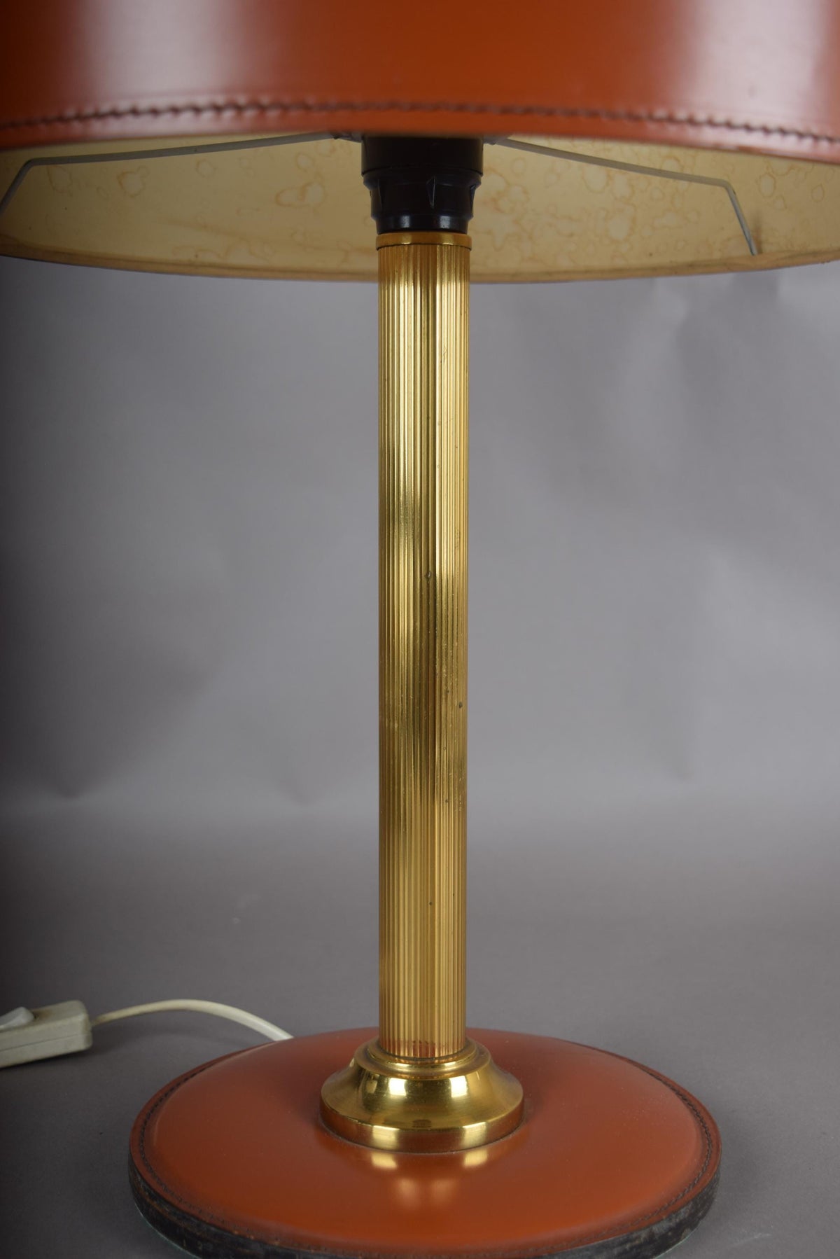 Leather Drum Lamp with Brass Accents, Mid-Century Modern Table Lamp, 1950s
