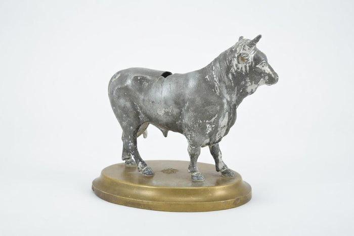 Vintage Spelter Bull Sculpture, 1920s | Antique Coin Bank Figurine | Sculptural Animal Desk Decor