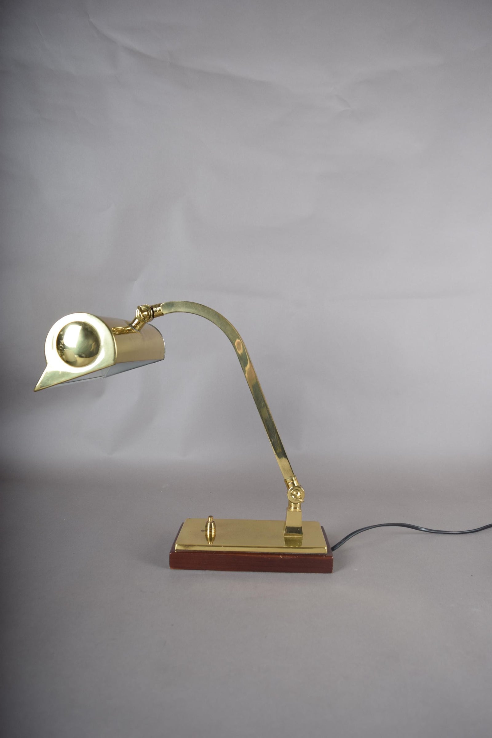 Vintage Brass Banker's Desk Lamp, Adjustable Arm, Wood Base, 1950s
