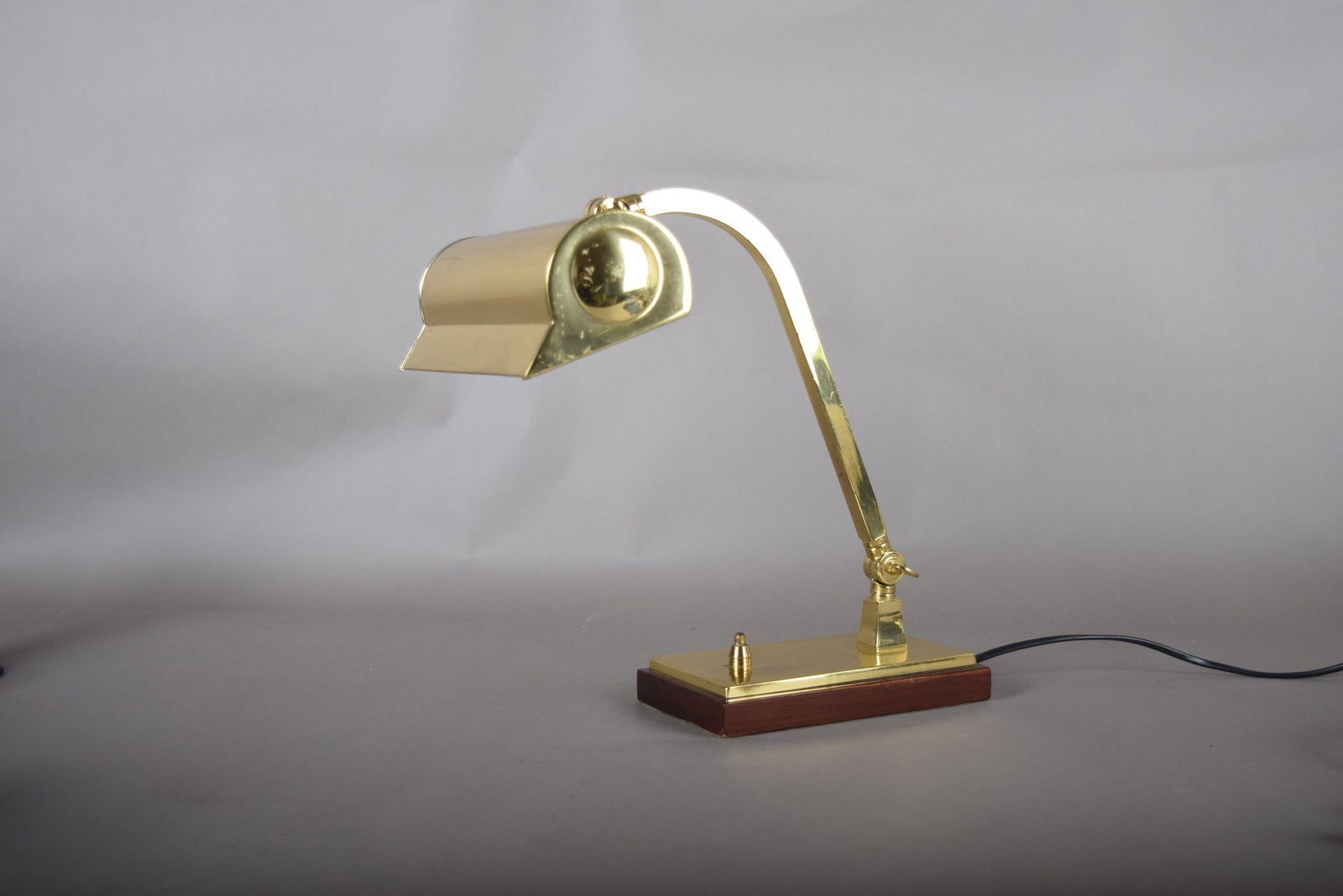 Vintage Brass Banker's Desk Lamp, Adjustable Arm, Wood Base, 1950s