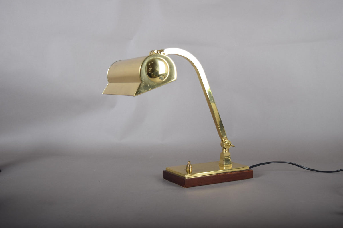 Vintage Brass Banker's Desk Lamp, Adjustable Arm, Wood Base, 1950s