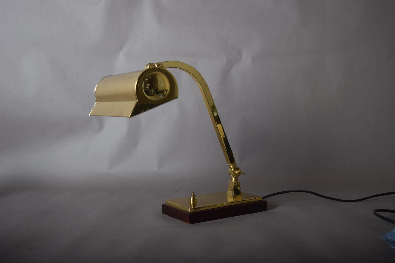 Vintage Brass Banker's Desk Lamp, Adjustable Arm, Wood Base, 1950s