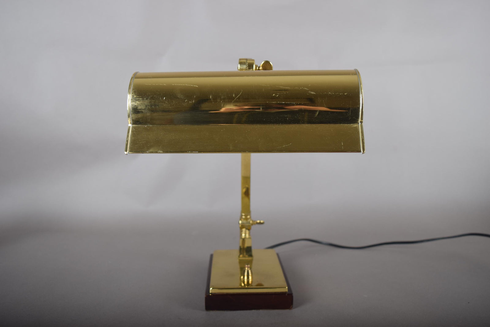 Vintage Brass Banker's Desk Lamp, Adjustable Arm, Wood Base, 1950s