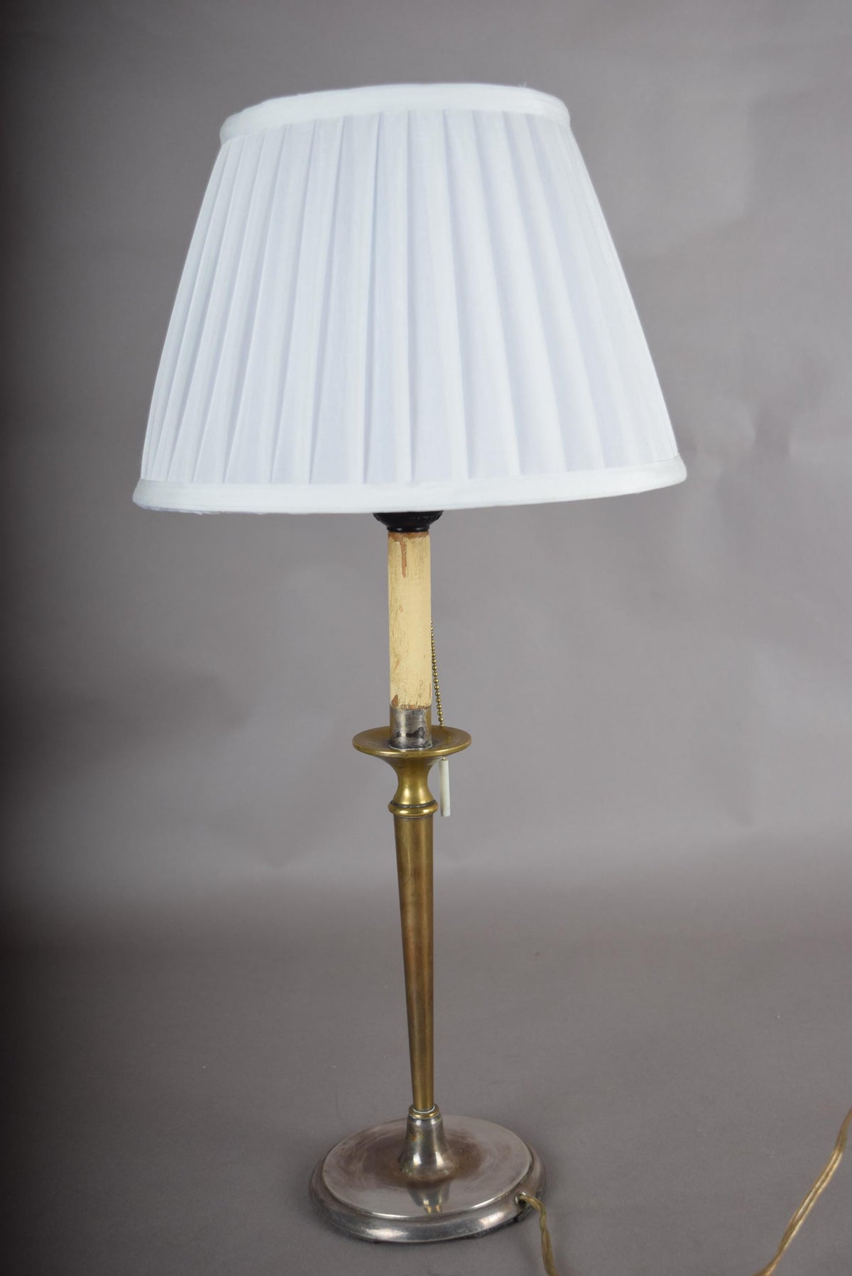 Vintage Brass Table Lamp, Worn Silver-Tone Finish, Pleated Shade, 1940s