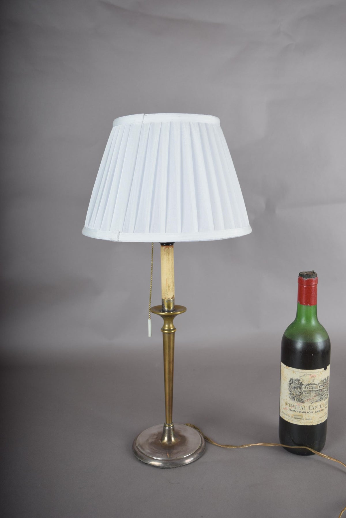 Vintage Brass Table Lamp, Worn Silver-Tone Finish, Pleated Shade, 1940s