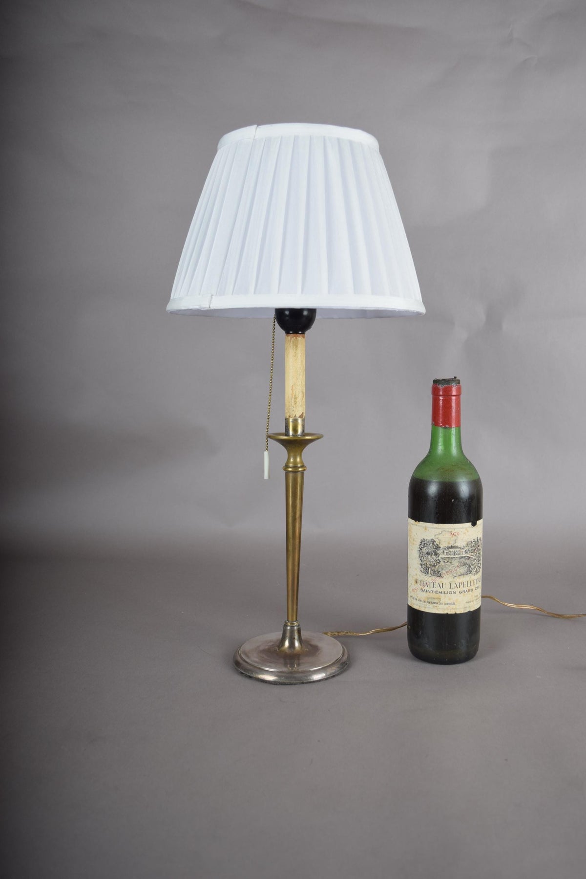 Vintage Brass Table Lamp, Worn Silver-Tone Finish, Pleated Shade, 1940s