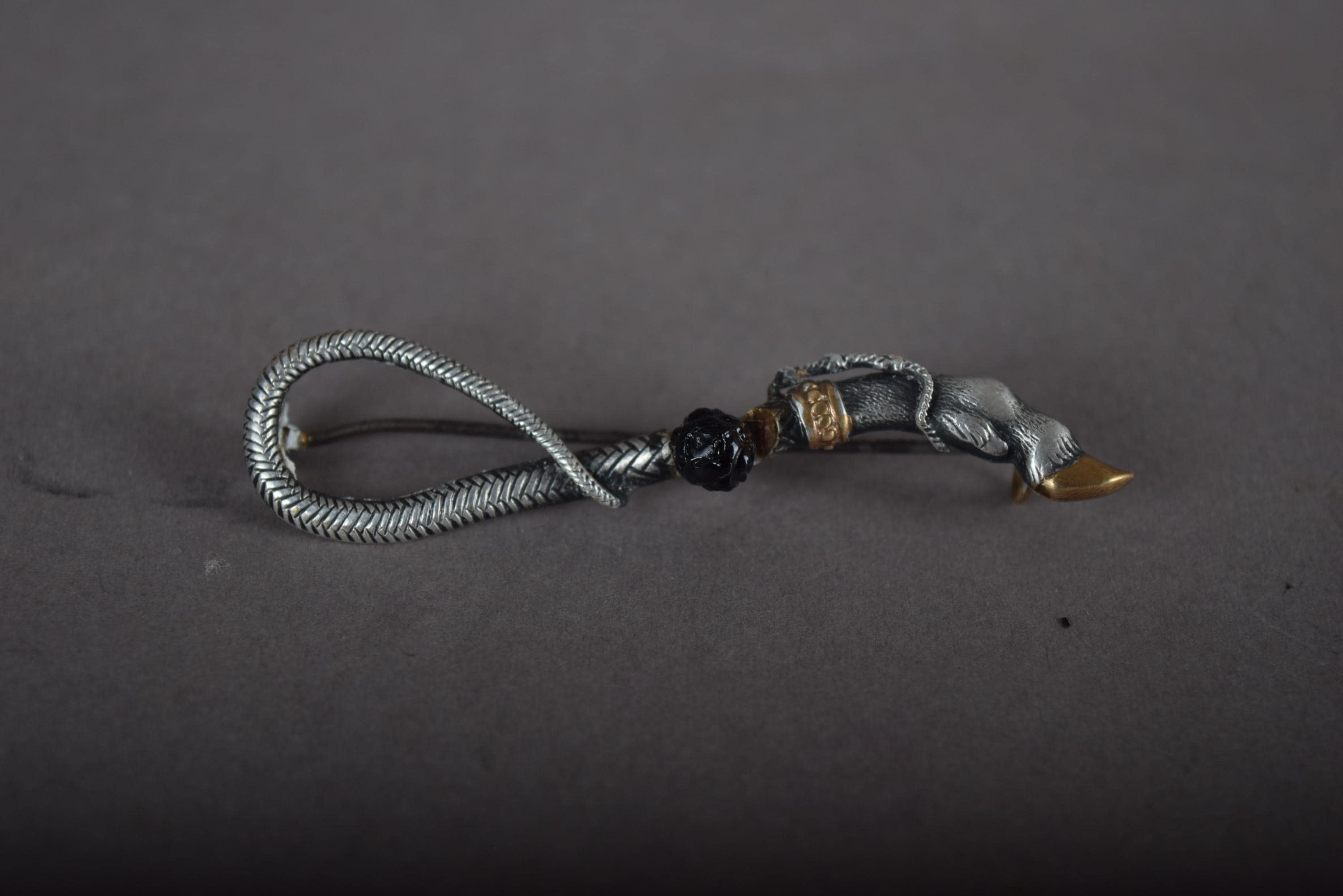 Victorian-Style Serpent Brooch, Silver & Gold | Antique Snake Pin with Onyx | 1930s Vintage Lapel Jewelry
