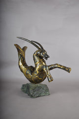 Bronze Capricorn Sculpture, Signed Faust 1994 — Mythical Zodiac Form on Stone Base