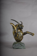 Bronze Capricorn Sculpture, Signed Faust 1994 — Mythical Zodiac Form on Stone Base
