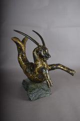 Bronze Capricorn Sculpture, Signed Faust 1994 — Mythical Zodiac Form on Stone Base