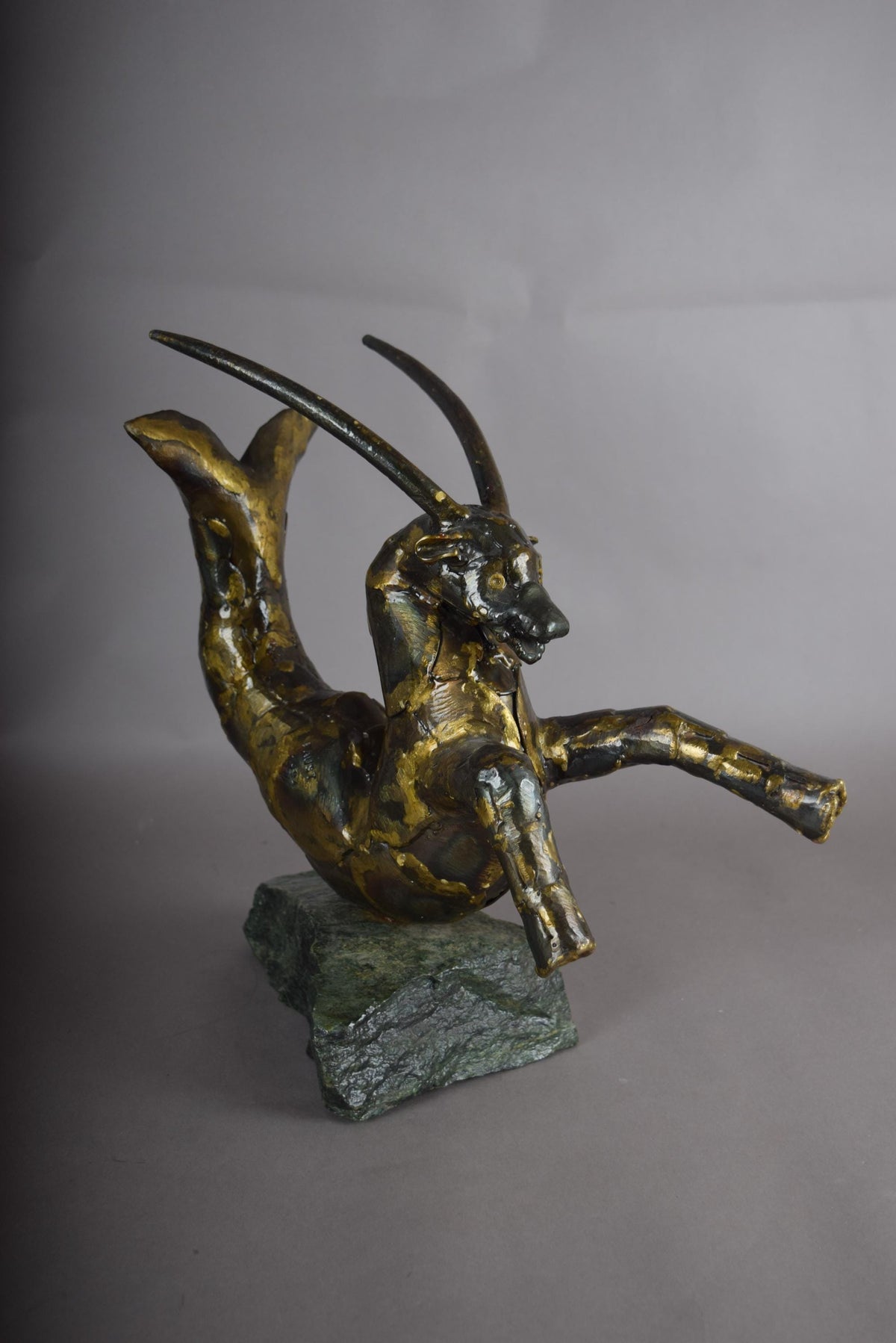 Bronze Capricorn Sculpture, Signed Faust 1994 — Mythical Zodiac Form on Stone Base