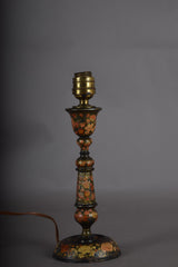 Hand-Painted Kashmiri Wood Lamp Base, 1910s | Vintage Floral Bohemian Accent | Antique Bedside Table Lamp