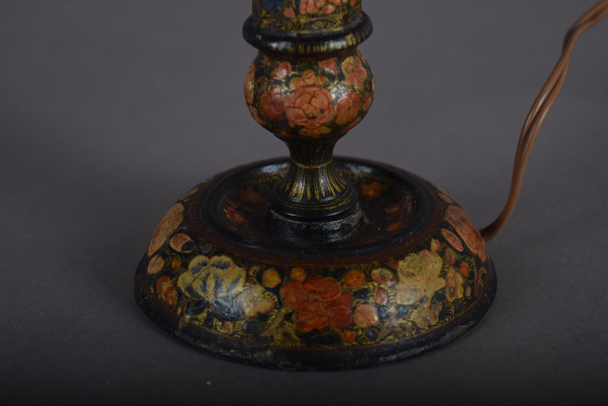 Hand-Painted Kashmiri Wood Lamp Base, 1910s, Vintage Floral Bohemian Accent, Antique Bedside Table Lamp