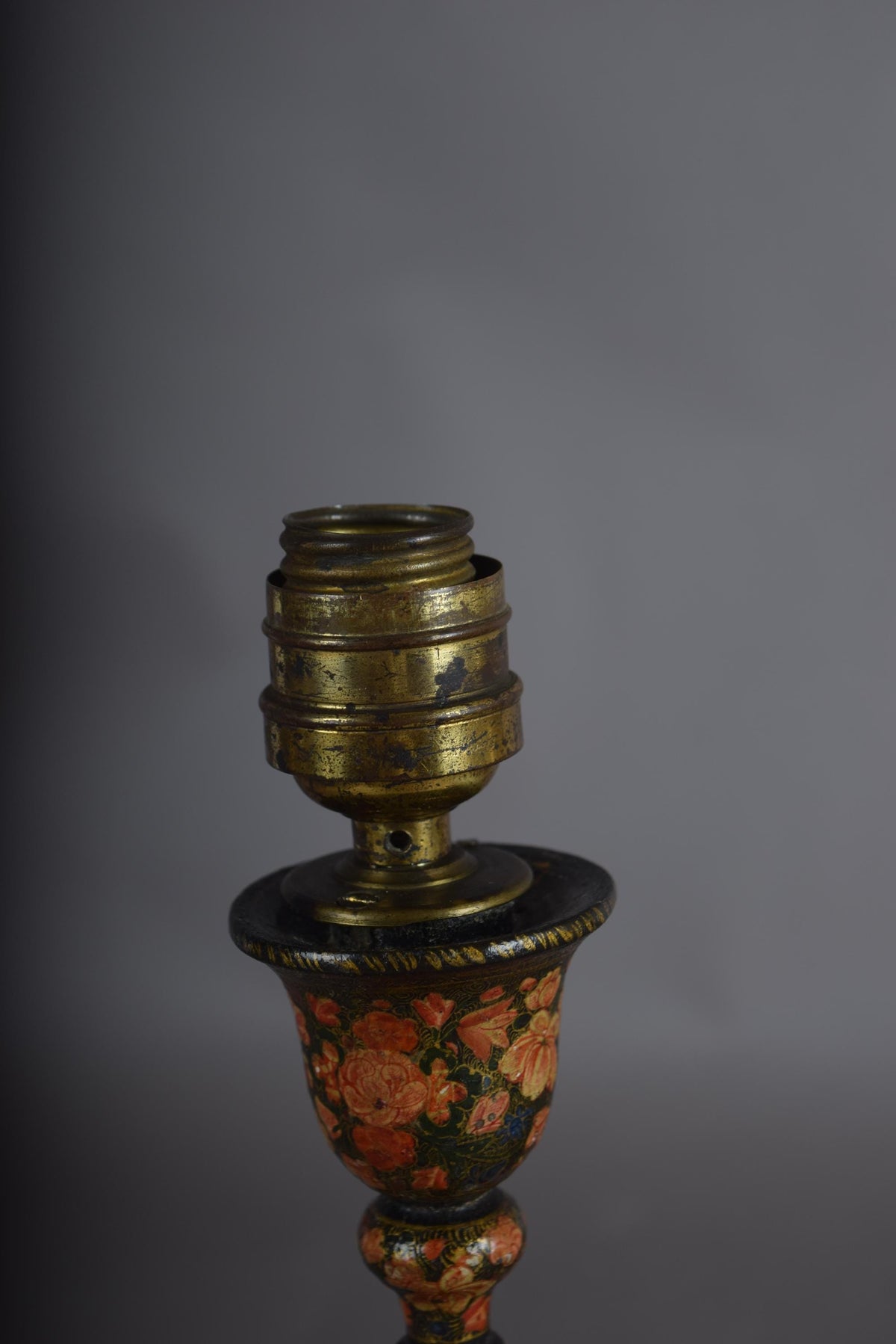 Hand-Painted Kashmiri Wood Lamp Base, 1910s, Vintage Floral Bohemian Accent, Antique Bedside Table Lamp