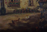 Vintage Oil Painting | Signed Farmhouse Courtyard Scene | Chickens & Cottage Garden | Framed Rustic Wall Art | Circa Early-Mid 1900s