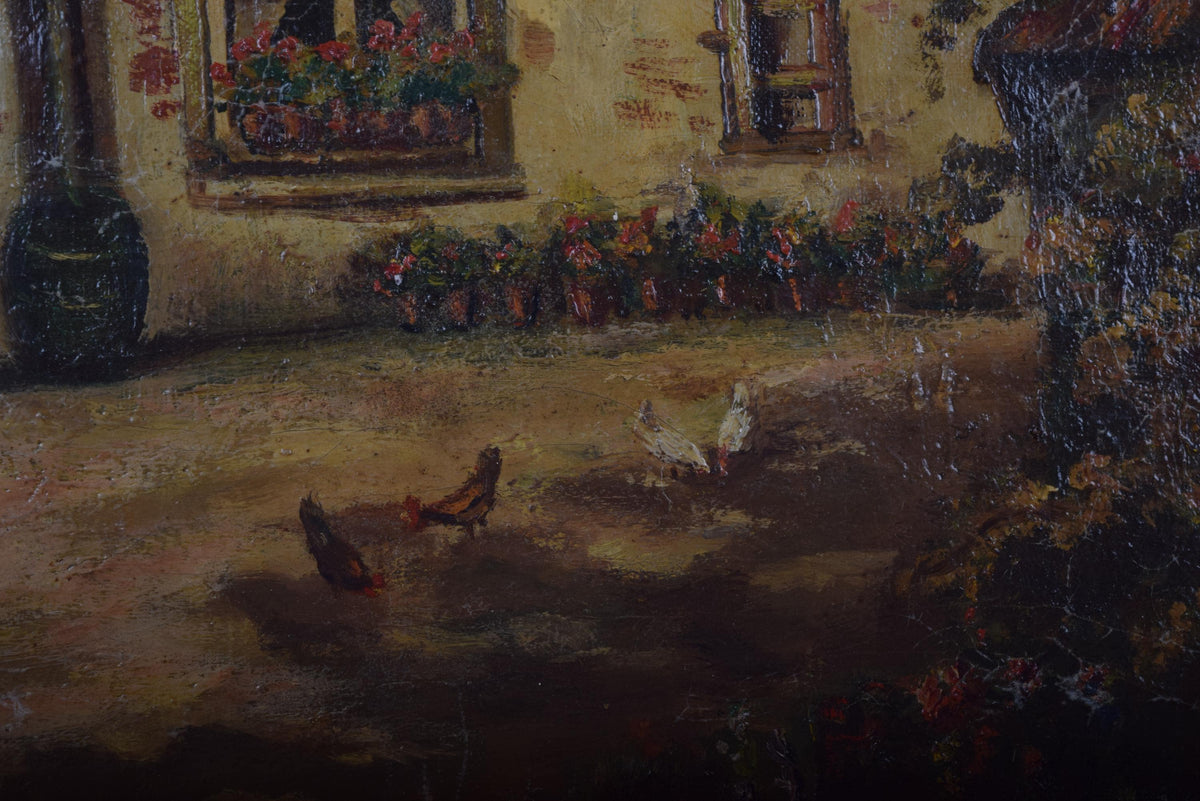 Vintage Oil Painting, Signed Farmhouse Courtyard Scene, Chickens & Cottage Garden, Framed Rustic Wall Art, Circa Early-Mid 1900s