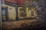 Vintage Oil Painting | Signed Farmhouse Courtyard Scene | Chickens & Cottage Garden | Framed Rustic Wall Art | Circa Early-Mid 1900s