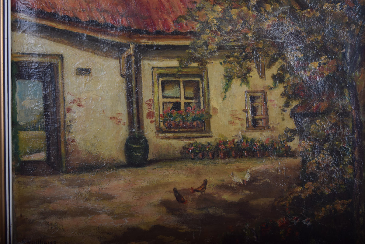 Vintage Oil Painting, Signed Farmhouse Courtyard Scene, Chickens & Cottage Garden, Framed Rustic Wall Art, Circa Early-Mid 1900s