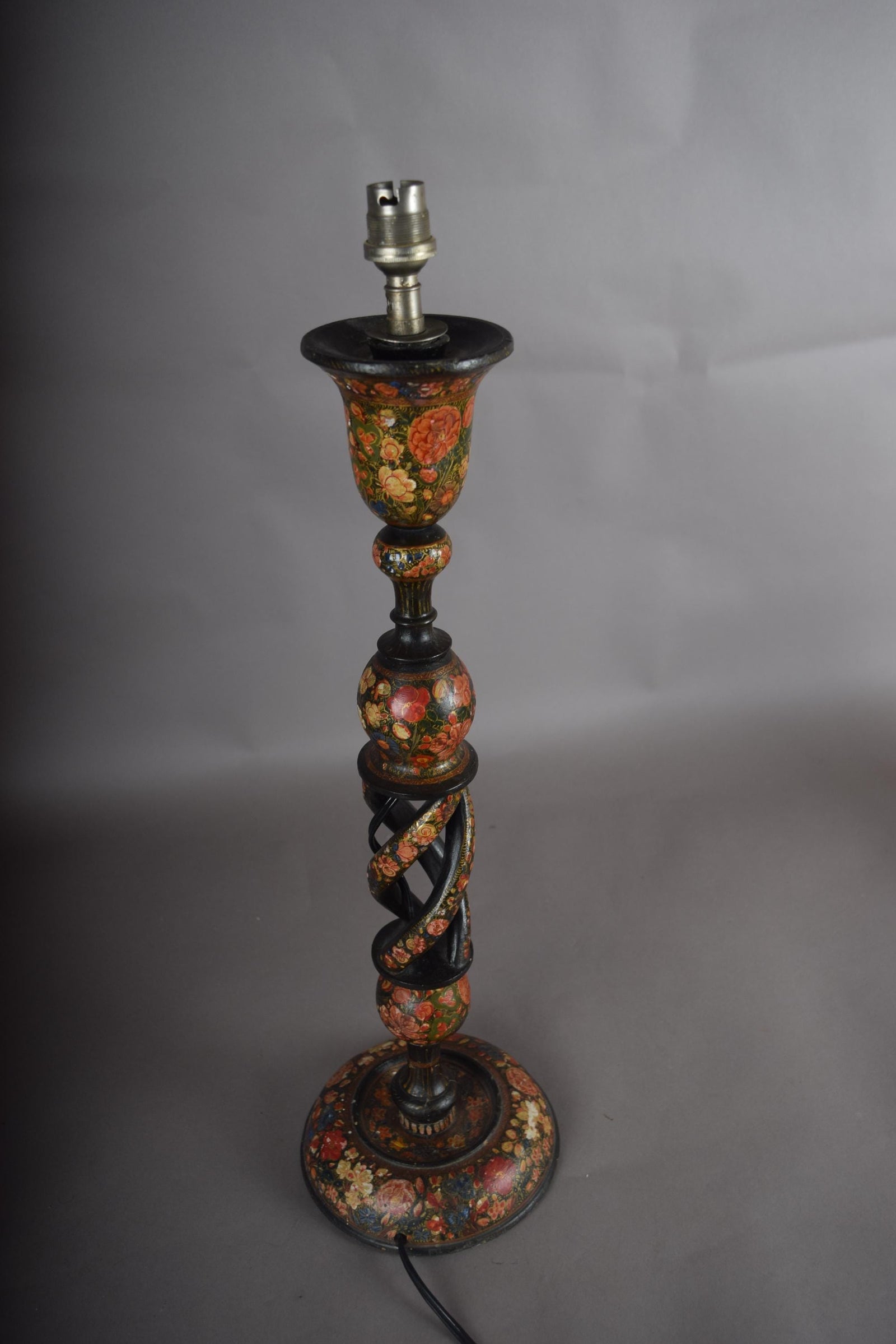 Kashmiri Hand-Painted Wood Table Lamp, Naqashi Floral Decoration, Twisted Column