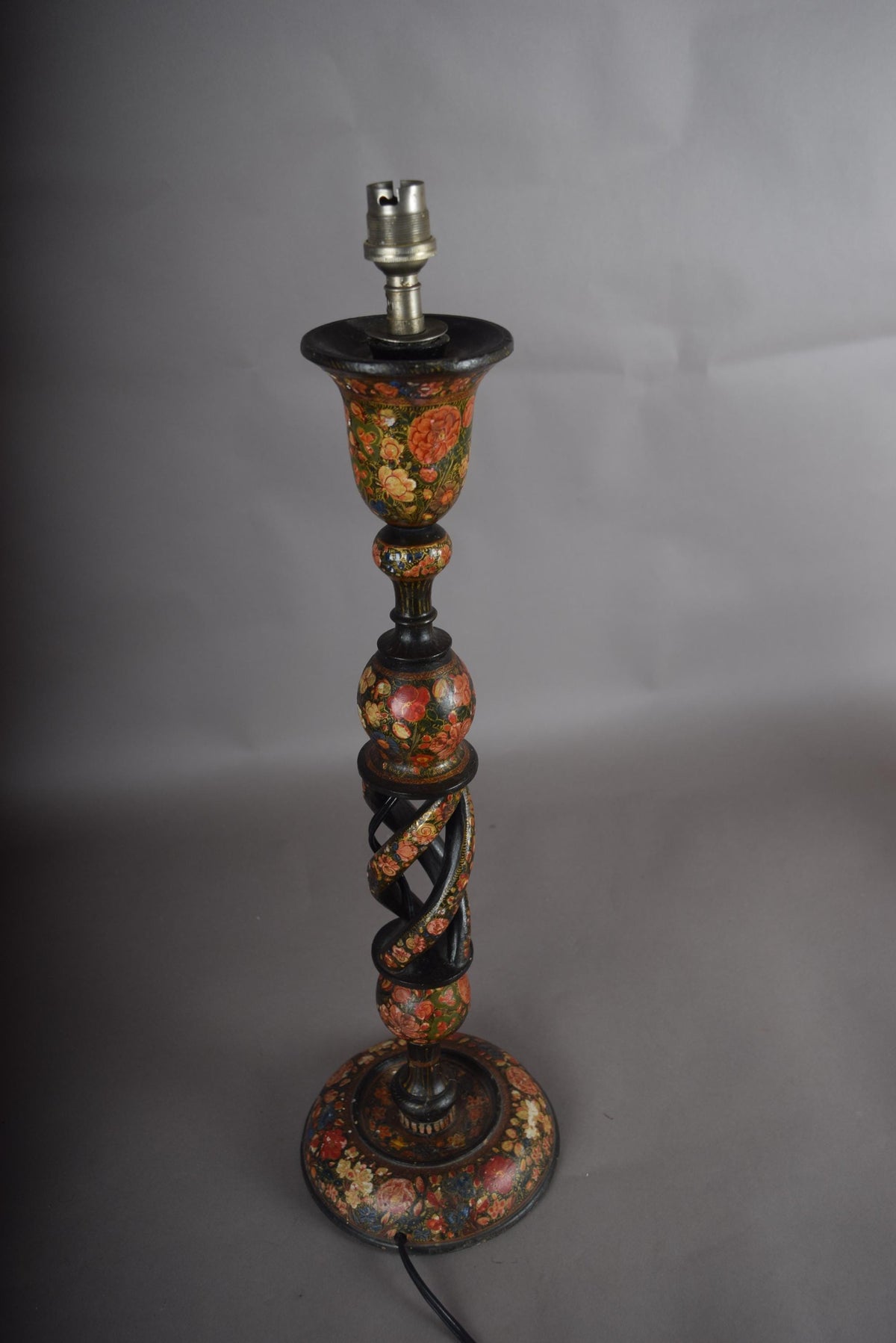 Kashmiri Hand-Painted Wood Table Lamp, Naqashi Floral Decoration, Twisted Column