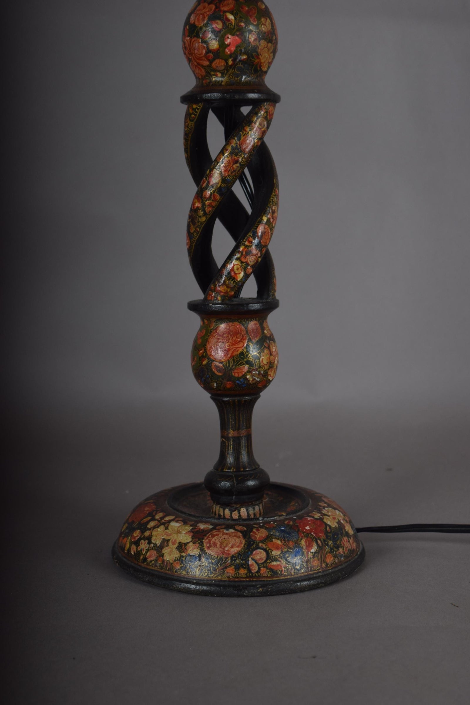 Kashmiri Hand-Painted Wood Table Lamp, Naqashi Floral Decoration, Twisted Column