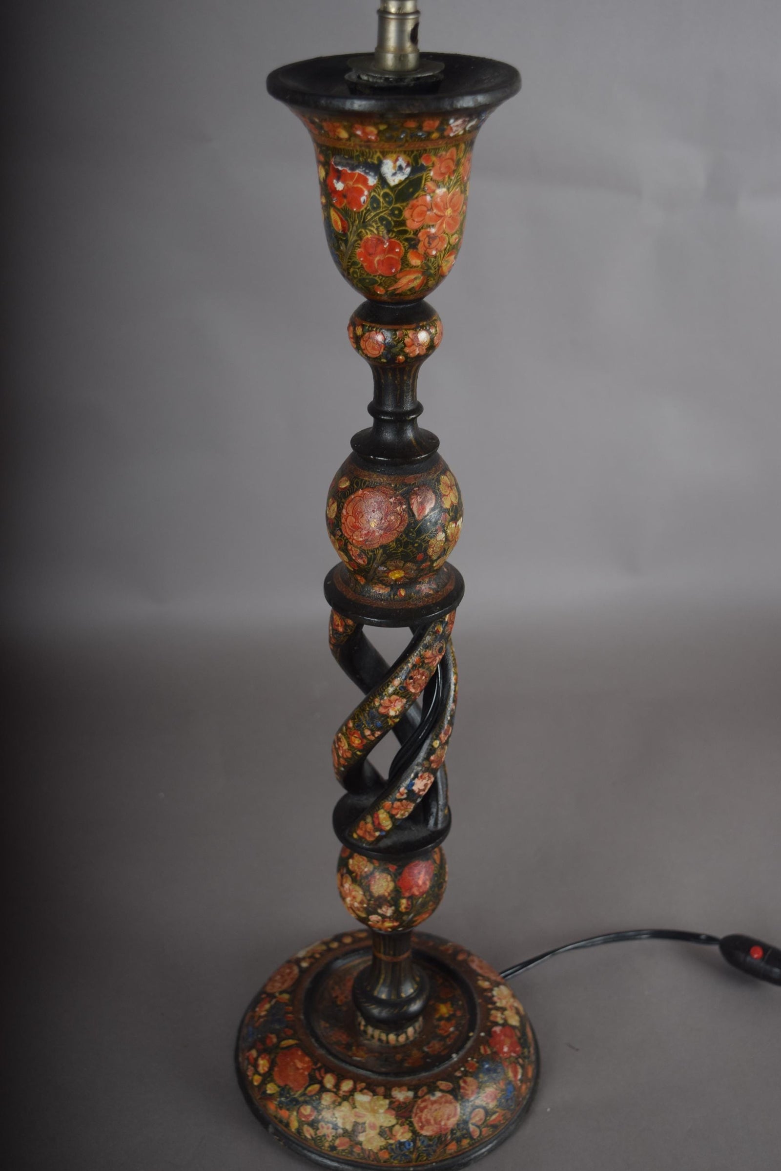 Kashmiri Hand-Painted Wood Table Lamp, Naqashi Floral Decoration, Twisted Column
