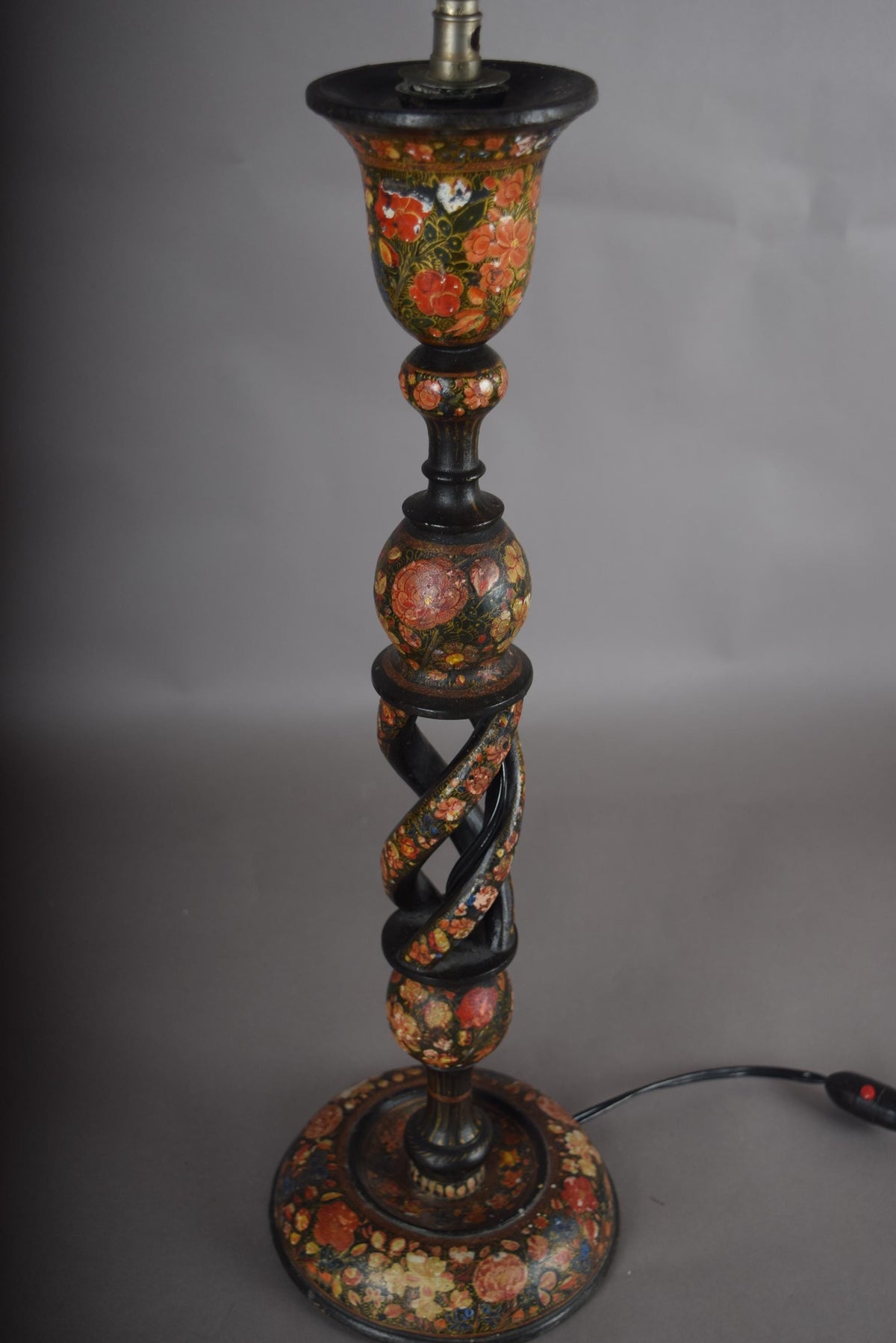 Kashmiri Hand-Painted Wood Table Lamp, Naqashi Floral Decoration, Twisted Column