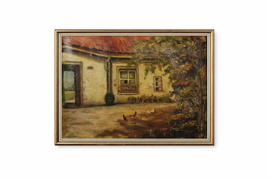 Vintage Oil Painting | Signed Farmhouse Courtyard Scene | Chickens & Cottage Garden | Framed Rustic Wall Art | Circa Early-Mid 1900s