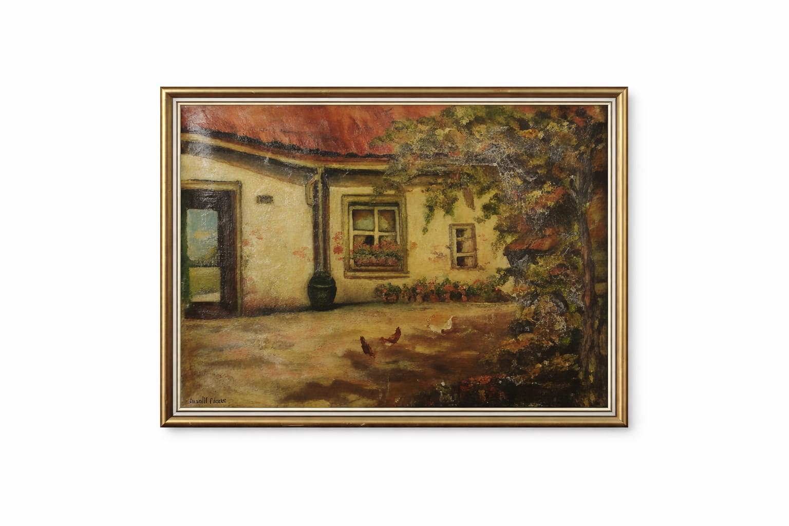 Vintage Oil Painting | Signed Farmhouse Courtyard Scene | Chickens & Cottage Garden | Framed Rustic Wall Art | Circa Early-Mid 1900s