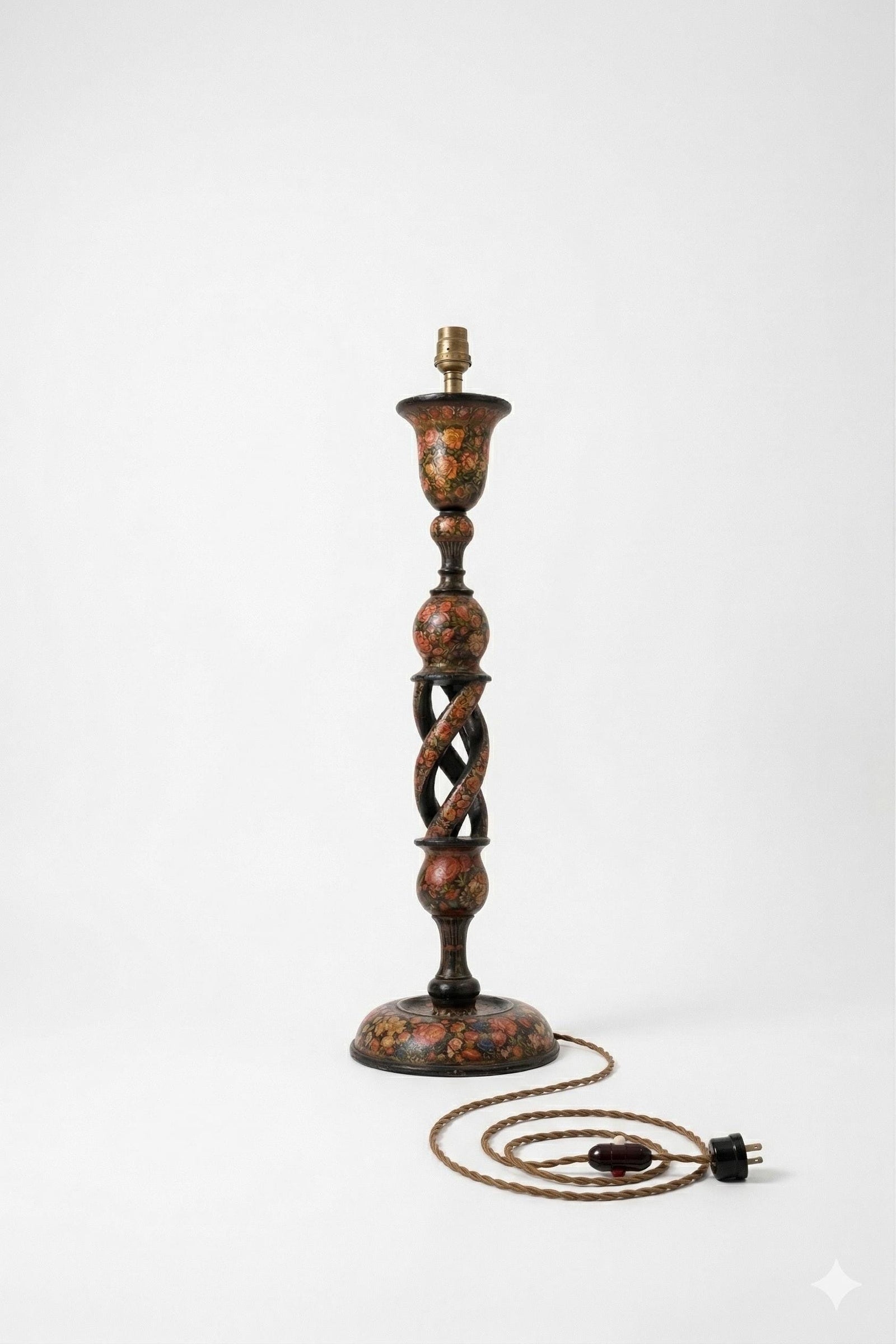 Kashmiri Hand-Painted Wood Table Lamp, Naqashi Floral Decoration, Twisted Column