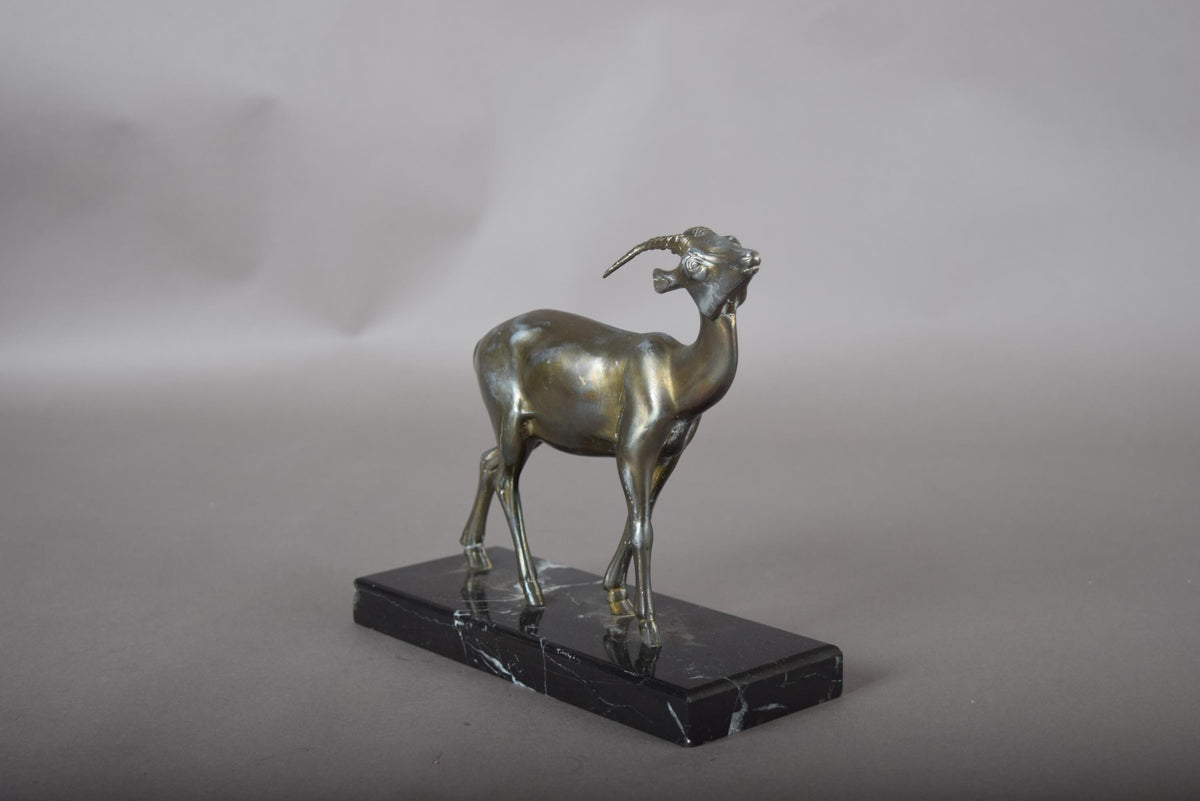 Vintage Spelter Antelope Sculpture, Art Deco Style, Black Marble Base, 1930s