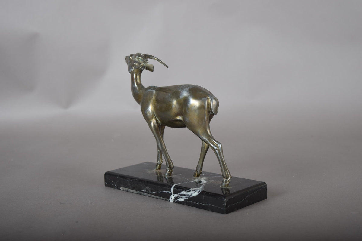 Vintage Spelter Antelope Sculpture, Art Deco Style, Black Marble Base, 1930s