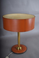 Leather Drum Lamp with Brass Accents, Mid-Century Modern Table Lamp, 1950s