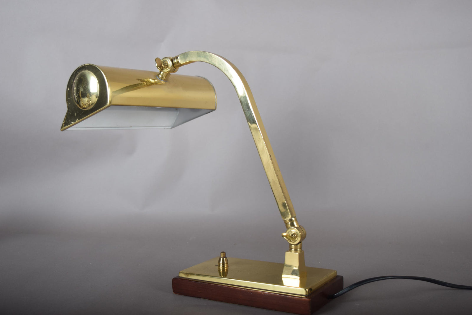 Vintage Brass Banker's Desk Lamp, Adjustable Arm, Wood Base, 1950s
